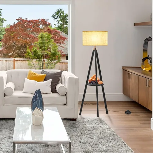 Vista 6 de LEPOWER Lámpara de pie de trípode, lámpara de pie de madera de mediados de siglo, lámpara de pie con estante de diseño moderno para sala de estar