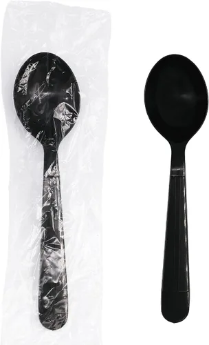 Vista 7 de Party Essentials Juego de utensilios de plástico negro envueltos individualmente/paquetes de cubiertos resistentes