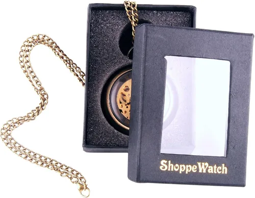 Vista 5 de ShoppeWatch Reloj de bolsillo mecánico de viento de mano estilo steampunk de cara abierta con cadena - PW12, Mecánico