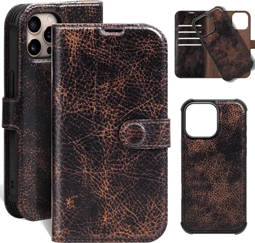 Vista 48 de Funda de cuero compatible con iPhone 16 Pro Max Cartera 6.9", cuero genuino 2 en 1, magnética, desmontable, a prueba de golpes, funda tipo folio