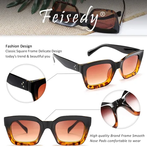 Vista 4 de FEISEDY Gafas de sol clásicas para mujer, de moda, gruesas, cuadradas, marco grueso, UV400 B2471