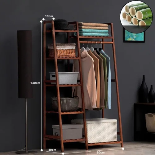 Vista 2 de Freestanding Clothes Hanging Rack with Hooks,Bamboo Garment Rack with Shoe Shelf,Heavy Duty Bamboo Garment Rack,Heavy Duty Bamboo Clothes Rail