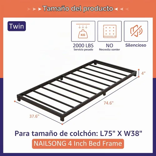Vista 2 de Nailsong Marcos de cama individual de 4 pulgadas de perfil bajo, base de cama individual con plataforma sin necesidad de somier, metal resistente