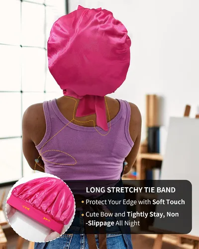 Vista 5 de Gorro de satén para mujer, gorro de seda para dormir, gorro de pelo rizado con banda de corbata, doble capa para dormir, envoltura para el cabello