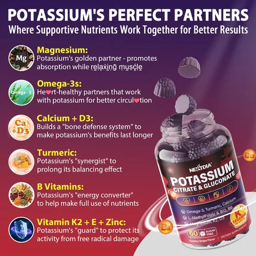 Vista 5 de Suplemento de citrato de potasio y gluconato de potasio, 1200 mg Dos formas de gomitas de potasio, con magnesio, Omega-3, calcio, vitamina D3 K2 B12