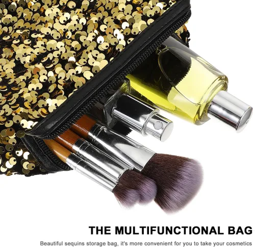 Vista 4 de VALICLUD Bolsa de cosméticos de viaje con lentejuelas, bolsa de cosméticos portátil con purpurina, bolsa de maquillaje con cremallera, bolsa