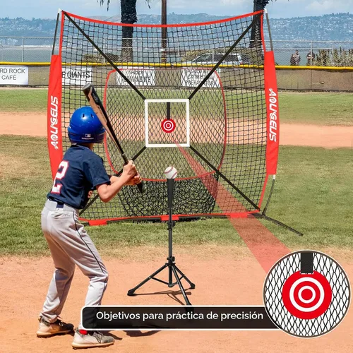 Vista 5 de 6'x6' Baseball Softball Practice Net, Batting Tee & Ball Caddy Rojo-A
