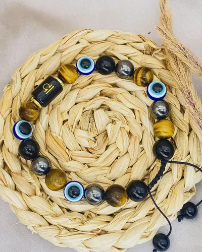 Vista 8 de Pulsera de triple protección del zodiaco, ojo malvado, hematita, obsidiana, ojo de tigre, chakras, cuentas de cristal curativo para hombres