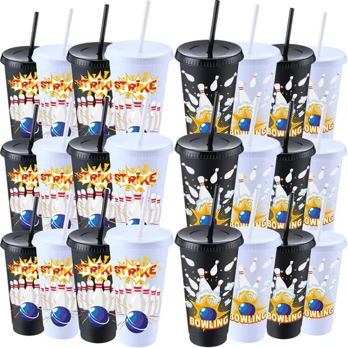 Vista 7 de 12 vasos de plástico para suministros de fiesta de cumpleaños de bolos, 24 onzas, vaso de bolos reutilizable con tapas y popotes