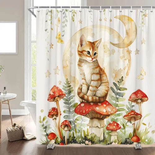 Vista 2 de Cortina de ducha bohemia con diseño de hongos, diseño de gato, mariposa, luna, estrellas, retro, flores silvestres, 70S y 60S, diseño botánico