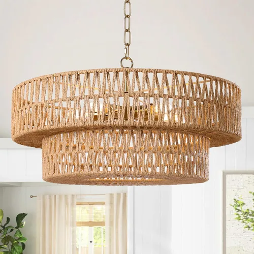 Vista 11 de LamQee Candelabros de Ratán Estilo Granja de 22 Pulgadas, Lámpara de Araña Boho de 5 Luces con Pantalla de Mimbre Tejida a Mano, Luces Colgantes
