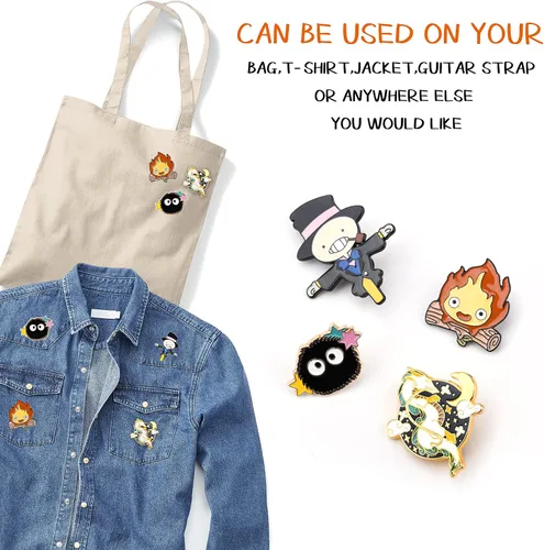 Vista 4 de Calcifer - Pin esmaltado de anime (4 unidades), lindo pin de solapa, suministros de oficina, regalo de dibujos animados de anime, insignia, regalo