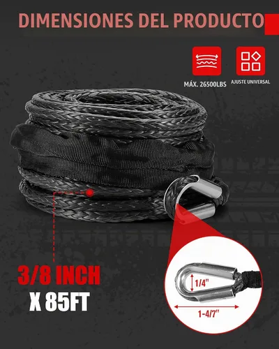 Vista 2 de FieryRed Cuerda de Cabrestante Sintética de 3/8 Pulgada 85 Pies 26500 Libras Cable de Línea de Cabrestante con Funda Protectora para Vehículos Negro