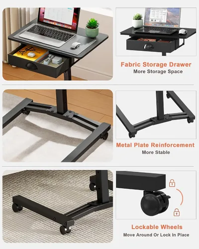 Vista 13 de Escritorio de computadora de altura ajustable con cajones, pequeño carrito de escritorio móvil para laptop con ruedas para espacios pequeños