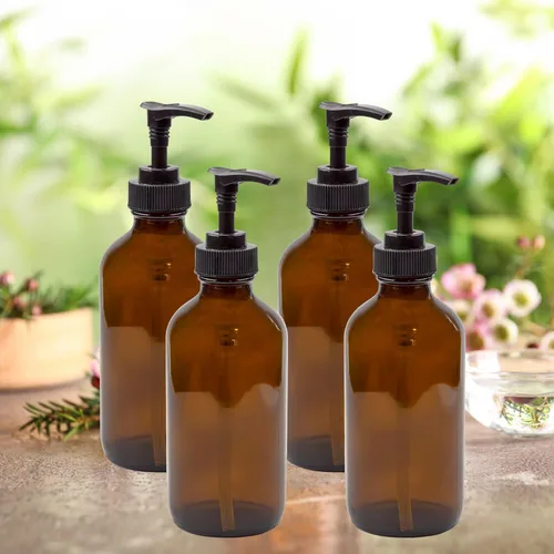 Vista 3 de Cornucopia Brands Botellas de bomba de vidrio de 8 onzas (paquete de 4, marrón ámbar) dispensadores de jabón con bombas de plástico negro