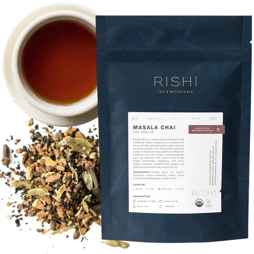Vista 8 de Rishi Tea Té Masala Chai - Orgánico, Mezcla de Té Negro de Hoja Suelta de Assam con Especias Enteras, Energizante y Con Cafeína - 16 Onzas, +37