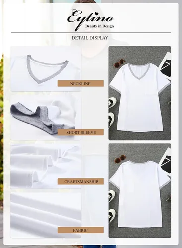 Vista 5 de Eytino Blusas de talla grande para mujer, cuello en V, manga corta, a rayas, casual, holgada, con bolsillo (1X-5X)