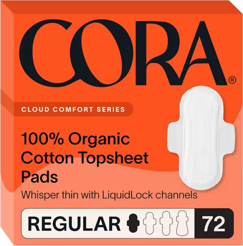 Vista 9 de Cora - Toallas sanitarias de algodón orgánico, absorbencia regular, ultra delgadas, con alas, sin perfume, cómodas, poderosamente absorbentes