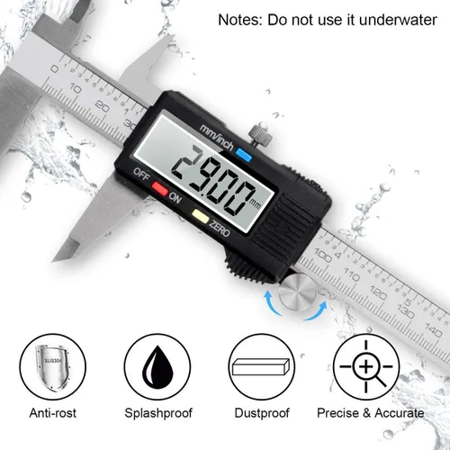 Vista 5 de Herramienta de medición de calibre, Qfun calibre digital de vernier de acero inoxidable de 6 pulgadas/150 mm, micrómetro digital impermeable, fácil