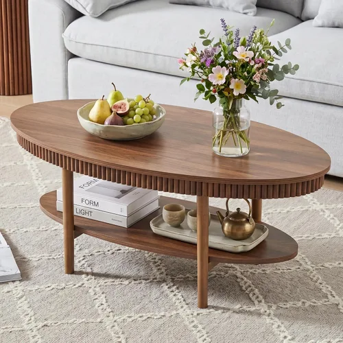 Vista 8 de Janmer Home Mesa de Centro Ovalada con Almacenamiento Oculto, Mesa de Centro Moderna de 31.5 Pulgadas de Ancho, Mesa Central con Chapa Acanalada