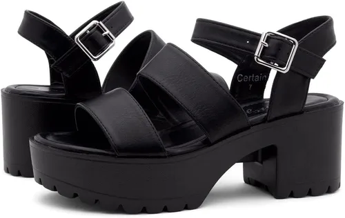 Vista 5 de Herstyle Sandalias de tacón de bloque para mujer, puntera abierta, dos bandas, suela de lengüeta de moda, zapatos de tacón de plataforma con correa