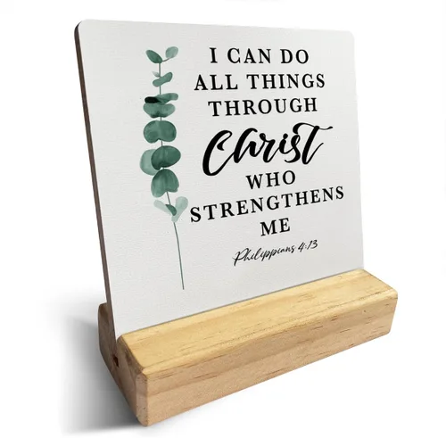 Vista 17 de Letrero de madera con versículos bíblicos con texto en inglés "Country Be Still and Know That I am God", decoración de escritorio cristiana