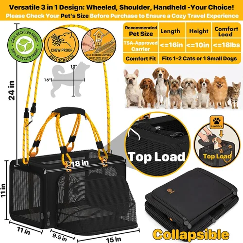 Vista 2 de PAWZIDEA Transportador de mascotas expandible aprobado por aerolíneas, transportador de perros pequeños de 18 x 11 x 11 pulgadas, transportador