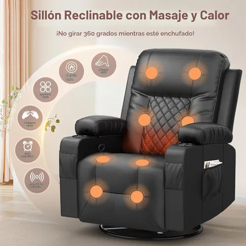 Vista 3 de YONISEE Juego de muebles de sala de estar, sofá biplaza reclinable de 2 plazas y silla reclinable giratoria de 360° con masaje, sofá reclinable