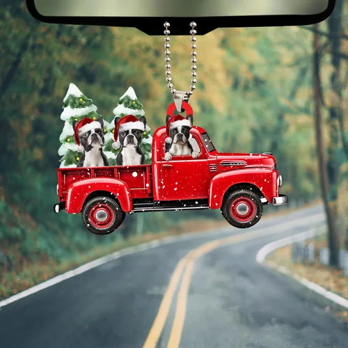 Vista 5 de Talataca Boston Terrier con camión rojo de Navidad, árbol de pino, regalo 2D plano para espejo retrovisor, accesorios para el árbol de Navidad