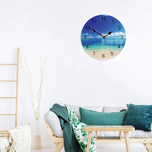 Vista 6 de TAHEAT Reloj de pared azul pacífico de mar, silencioso sin tictac, hermoso cielo y playa, reloj de pared decorativo fácil de leer para cocina, baño