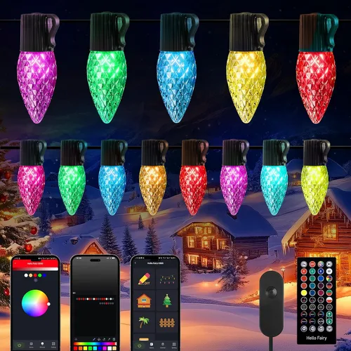Vista 10 de Brightown Luces LED de Navidad C9 para exteriores, 100 LED RGB inteligentes para árbol de Navidad, sincronización de música, control por aplicación