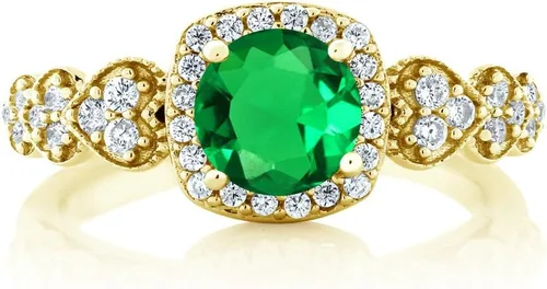 Vista 3 de Gem Stone King Anillo de compromiso chapado en oro amarillo de 18 quilates con esmeralda simulada para mujer