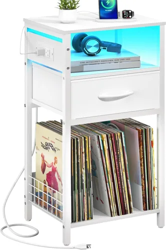 Vista 9 de Yoobure - Soporte para tocadiscos, mesa auxiliar blanca de 3 niveles con estación de carga, pequeña mesa auxiliar con soporte para discos