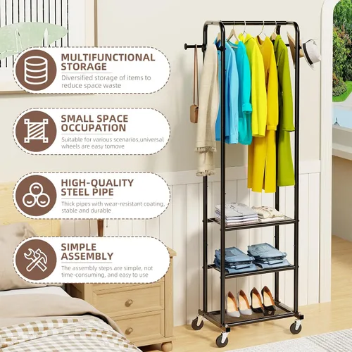 Vista 5 de Ekisemio Perchero de ropa resistente con ruedas, moderno perchero con 3 estantes de metal, color negro