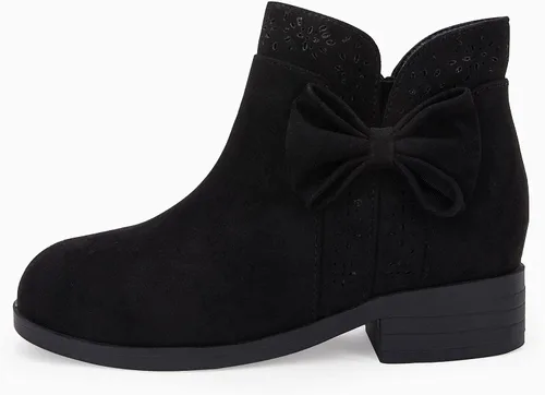 Vista 4 de Botas de tobillo con nudo de lazo para niñas y niños, gamuza sintética, corte en V, tacón bajo apilado, cremallera lateral, zapatos Chelsea