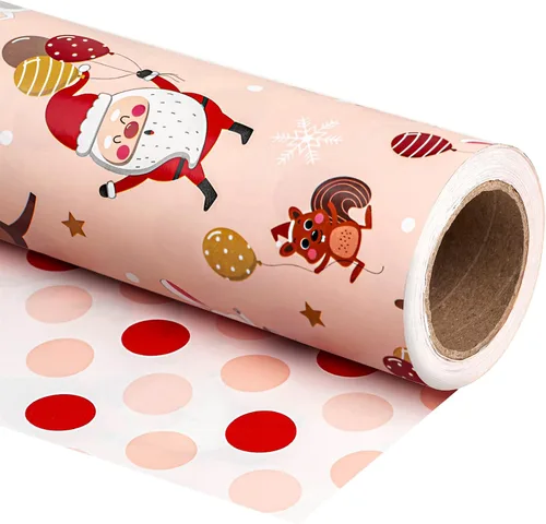 Vista 15 de WRAPAHOLIC - Papel de regalo de Navidad reversible, minirollo, 17 pulgadas x 33 pies, diseño de árbol de Navidad con letras “joy”, perfecto