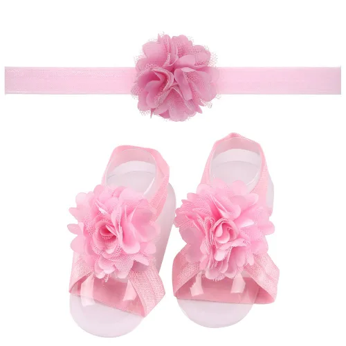 Vista 2 de 8 pares de diademas de flores de satén y sandalias descalzas para bebés y niñas pequeñas (8 pares S1)