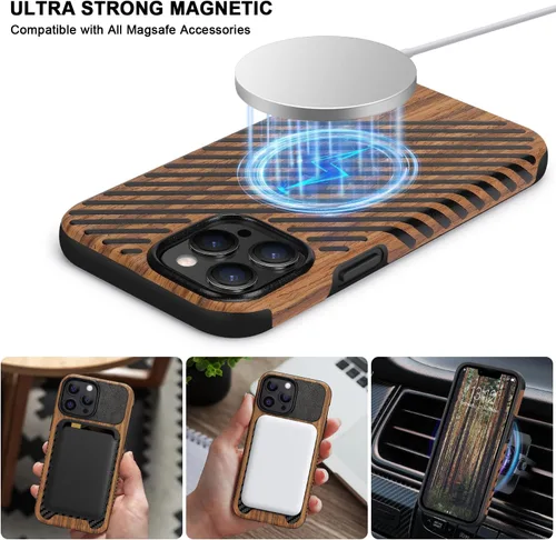 Vista 6 de TENDLIN Funda magnética para iPhone 13 Pro - Funda híbrida de TPU de cuero de grano de madera con compatibilidad MagSafe