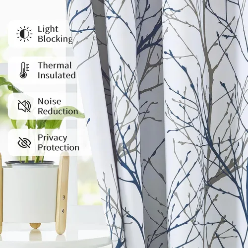 Vista 2 de FMFUNCTEX Cortinas 100% Opacas Azul Blanco con Forro de Árbol para Dormitorio, Cortinas de 63 Pulgadas de Largo con Patrón de Ramas para Sala