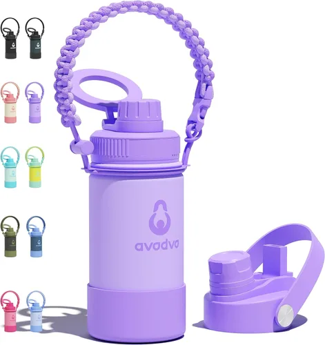 Vista 22 de Botella de agua aislada de 12 onzas con 2 tapas (tapa de popote y boquilla 2 en 1, tapa magnética), botella de agua para niños con correa, botella