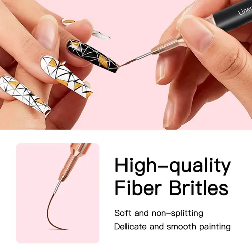 Vista 3 de Komall Pinceles Metálicos para Arte de Uñas, Set de 5 Pinceles de Línea, Pincel de Arte de Uñas con Gel UV para Líneas Largas, Detalles Finos, Negro