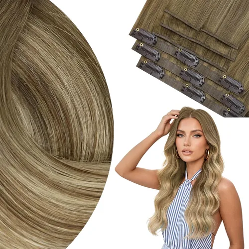Vista 63 de Ve Sunny Extensiones de cabello clip-in de cabello humano real con reflejos, extensiones de cabello con clip para cabello corto, marrón oscuro