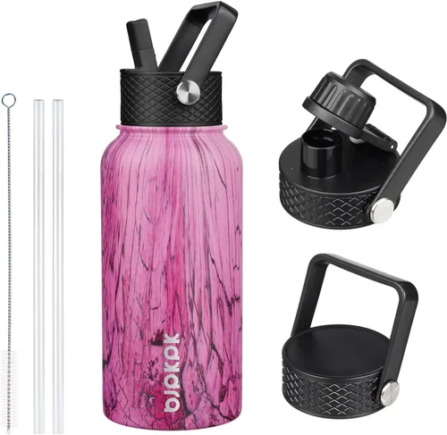 Vista 38 de BJPKPK Botellas de Agua Aisladas con Tapa de Pajita, Botella de Agua de Acero Inoxidable de 18oz, Termo Frío Caliente con 3 Tapas, Vaso de Viaje a