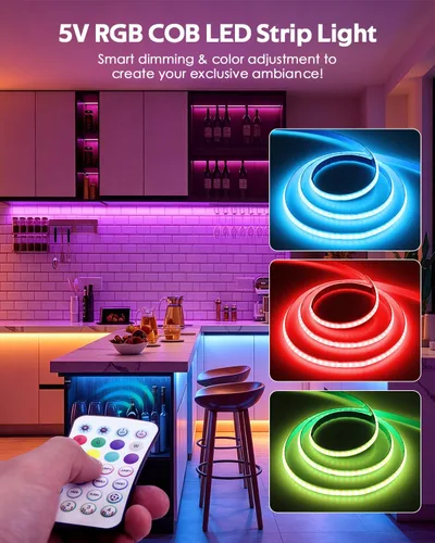 Vista 4 de 5V USB COB RGB LED Light Strip With Remote 576LED/M 4.92FT Rope Lights 1.5M