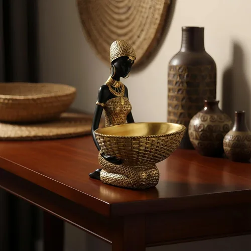 Vista 2 de Escultura Africana Hecha a Mano de Mujer Sentada - Figura Tribal Dorada Sosteniendo Canasta, Decoración del Hogar de Resina para Estante/Mesa
