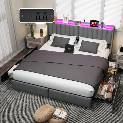 Vista 12 de UINTAI Marco de cama tamaño completo con cabecero y 4 cajones de almacenamiento, cama de plataforma metálica tapizada con respaldo abatido y luces