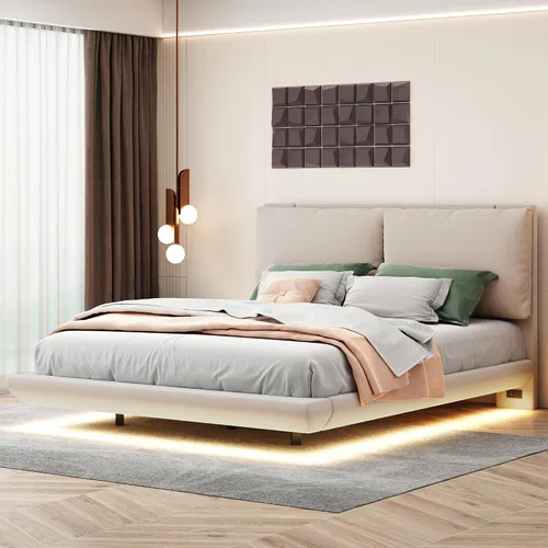 Vista 22 de Cama de plataforma flotante, marco de cama de madera tamaño individual con rayas claras, tela de lino suave y cabecera de diseño capitoné