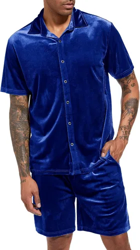 Vista 2 de LecGee Conjuntos de Pantalones Cortos Casuales de Verano para Hombres Camisa de Terciopelo de Manga Corta con Botones Pantalones Cortos de Cintura