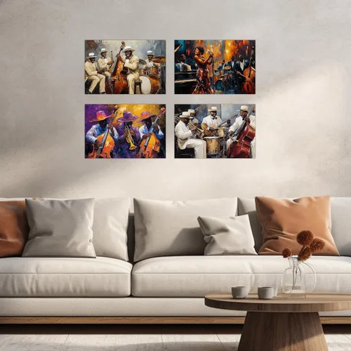 Vista 4 de SWQYLB Arte de pared con música afroamericana, pintura de banda de jazz, impresiones en lienzo abstractas negras con imágenes musicales para club