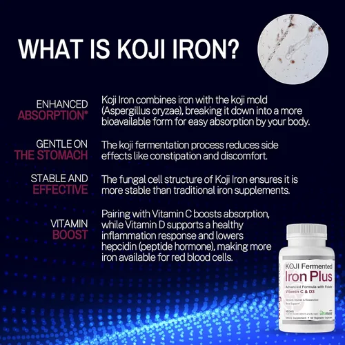 Vista 3 de Koji Fermented Iron Plus - Suplemento de hierro con vitamina C, vitamina D3 y folato para apoyo sanguíneo, fácil de absorber y biodisponible, apto